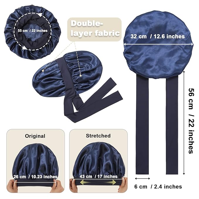 AWAYTR Women's Large Satin Sleep Cap Nightcap with 3 Bonus Satin Hair Scrunchies (Navy)