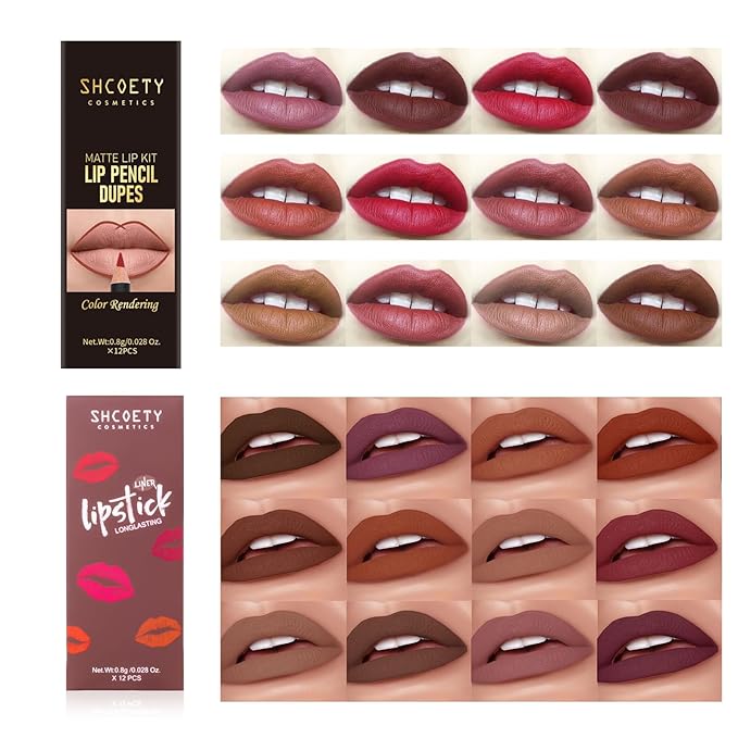SHCOETY 24 Pcs Matte Lip Liner Set, Waterproof Longwear Lip Pencils, Smooth Soft High Pigmented Natural Lip Makeup (SH8007X+SH012X)