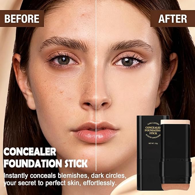 Foundation Stick, 2 in 1 Dual-Ended Long-Lasting Concealer Korean Foundation Contour Stick, Waterproof Contouring foundation with Brush, Full Coverage Matte Finish for Face Makeup(05#DEEP WHEAT COLOR)