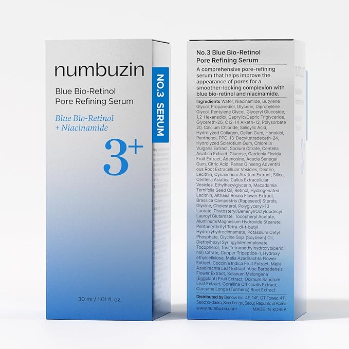 numbuzin No.3 retinol Serum | Blue Bio-Retinol Pore Refining Serum | Retinol Beginner, Tightening, Firming, BHA, Niacinamide, Peptide | 1.01 fl.0z (30ml)