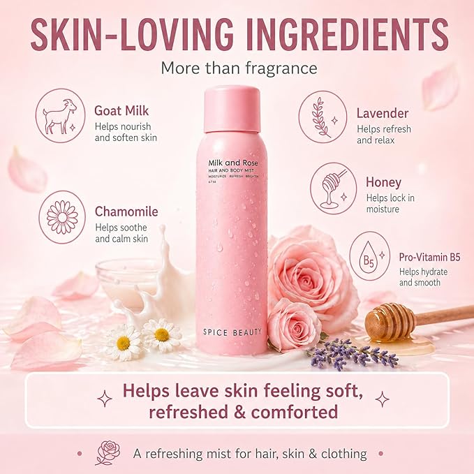 Milk & Rose Hair & Body Mist | Hydrating Floral Mist for Hair, Skin & Clothing | Rose, Goat Milk & Skin-Loving Ingredients | 6.7 oz