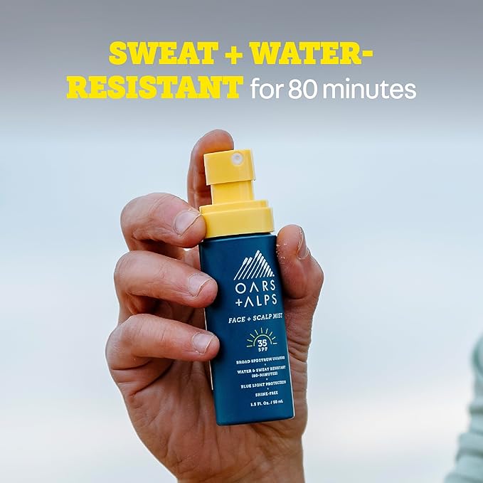 Oars + Alps Face & Scalp Sunscreen Spray Mist, SPF 35 Facial & Hair Sunscreen, Water & Sweat Resistant, Infused with Aloe Vera + Cucumber, Summer Splash Scent, 1.5oz