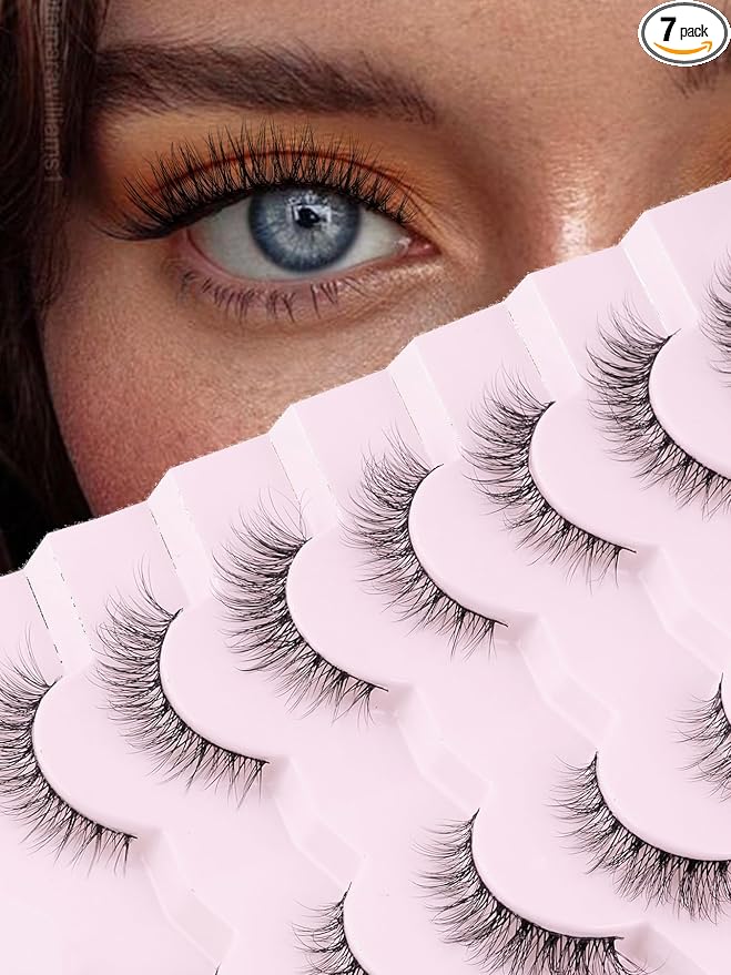 Natural Lashes Wispy Cat Eye Lashes 12mm False Eyelashes Natural Look Strip Lashes Thin Cotton Band Soft Eyelashes 3D Volume Lashes Pack C Curl Siligli Eyelashes 7 Pair