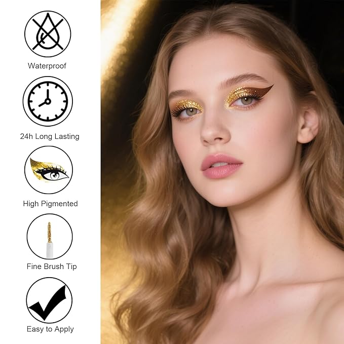 LAIKME Glitter Liquid Eyeliner, Light Gold Shimmer Eyeliner, High-pigmented, Ultra-Fine Tip, Long-Wearing, Waterproof Smudge-Proof, Quick-Drying Metallic Sparkly Eye Liner for Festival Party