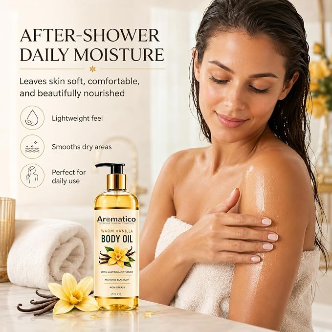 Aromatico Warm Vanilla Body Oil for Women - 7 fl oz | Moisturizing Scented Body Oil for After Shower Daily Use | Cozy, Creamy Vanilla Scent