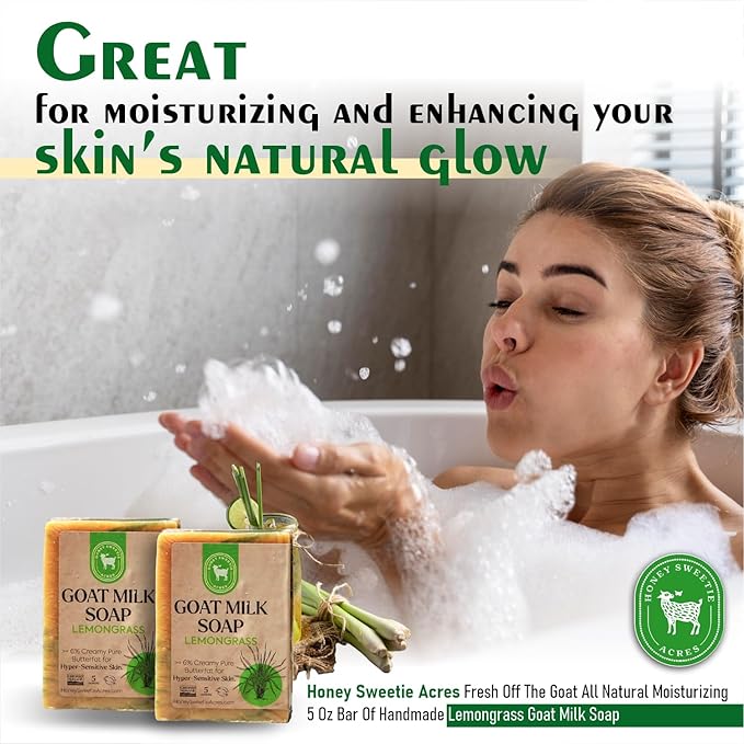 Honey Sweetie Acres 2-Pack Lemongrass Goat Milk Soap - Handmade 5 oz Bar, Made with Natural Ingredients, Moisturizing & Gentle, Made in the USA