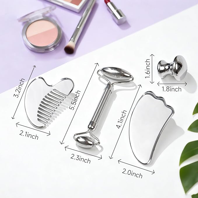 Stainless Steel Face Roller & Gua Sha Set Cooling Facial Massage Tools for Face, Neck & Eyes, Smooth Skincare Routine, Durable Metal Beauty Tools for Daily Self-Care