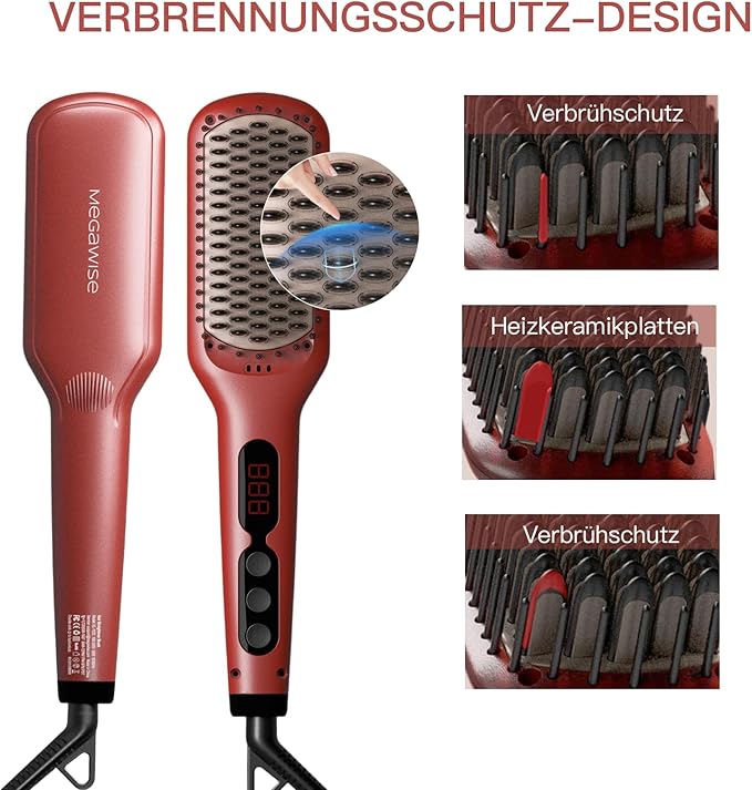 MEGAWISE Hair Straightener Brush Pro, Fast Heating Ceramic Ionic Brush for Smooth Frizz-Free Hair, Safe Anti-Scald Design, Dual Voltage Travel Use (Tomato Red)