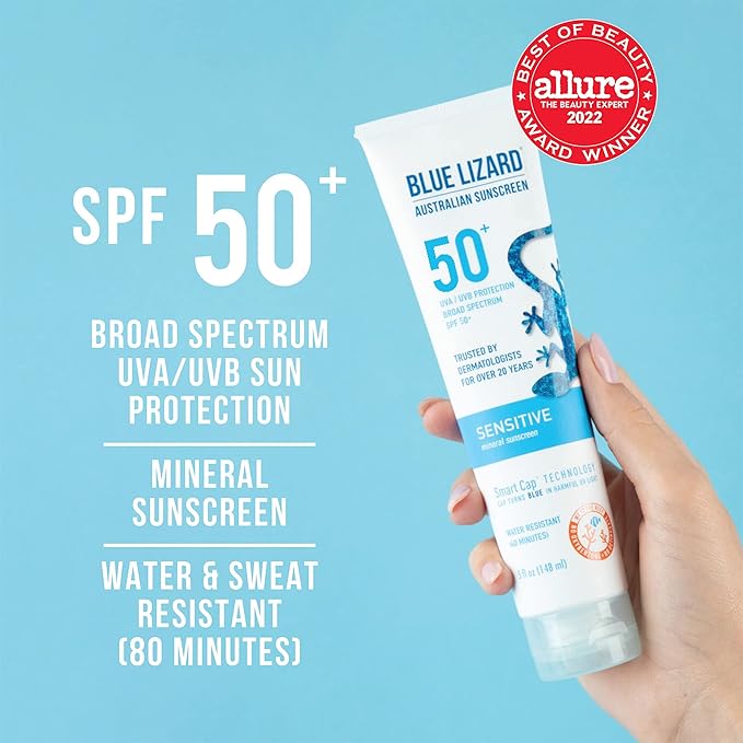 BLUE LIZARD Mineral Sunscreen, SPF 50+, Tube, Zinc Oxide | Water Resistant | Fragrance Free | For Sensitive Skin | 5 Fl Oz Pack of 2