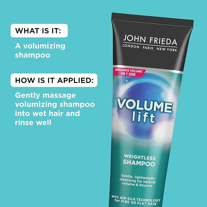 John Frieda Volume Lift Weightless Shampoo, Lightweight Volumizing Shampoo with Air-Silk Technology for Fine or Flat Hair, Adds Natural Fullness, Safe for Color-Treated Hair, 8.45 Oz