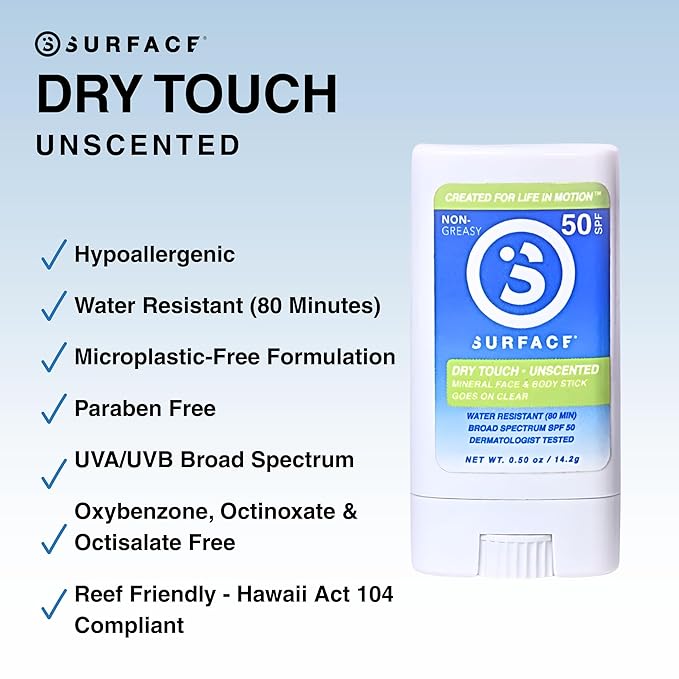 Surface Sunscreen Mineral Face Stick, Dry Touch SPF 50, Broad Spectrum UVA UVB Sun Protection for Kids and Adults, Travel Friendly, Water Resistant for 80 Minutes, Fragrance Free, 0.5oz