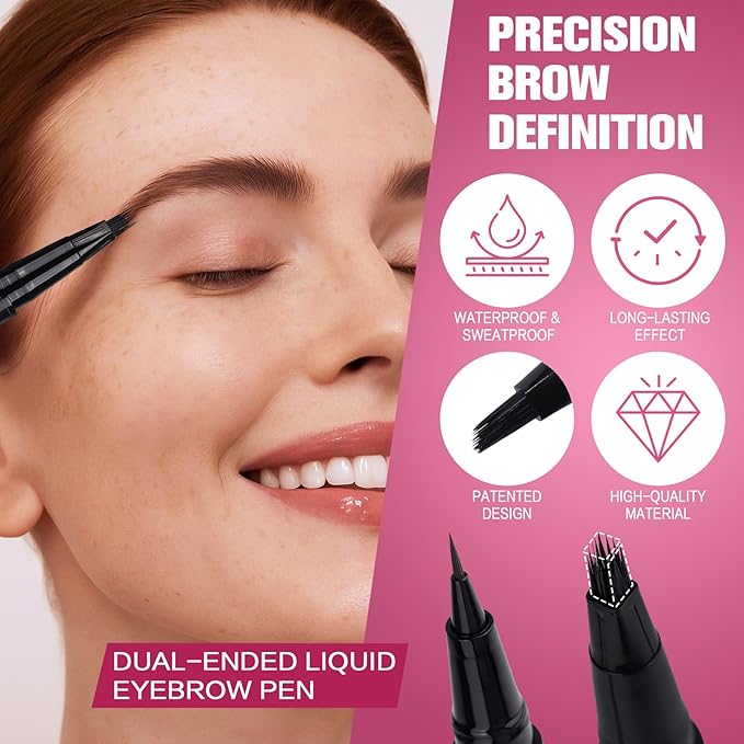 SUSIKEKI Dual Ended Microblading Eyebrow Pen - 2 in 1 Liquid Eyebrow Pencil with Brow-Fection Angled Brush & Precise Detail Brush-Tip, Shapes & Fills HairLike Looking Brows, Lasts All-Day, Soft Black