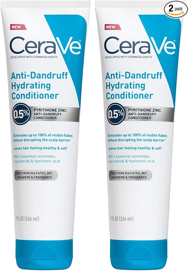 CeraVe Hydrating Anti Dandruff Conditioner,0.5% Pyrithione Zinc Dandruff Treatment With Ceramides,Hyaluronic Acid & Niacinamide,Helps Eliminate Flakes & Reduce Itchy Scalp, Sulfate Free,(Pack of 2)
