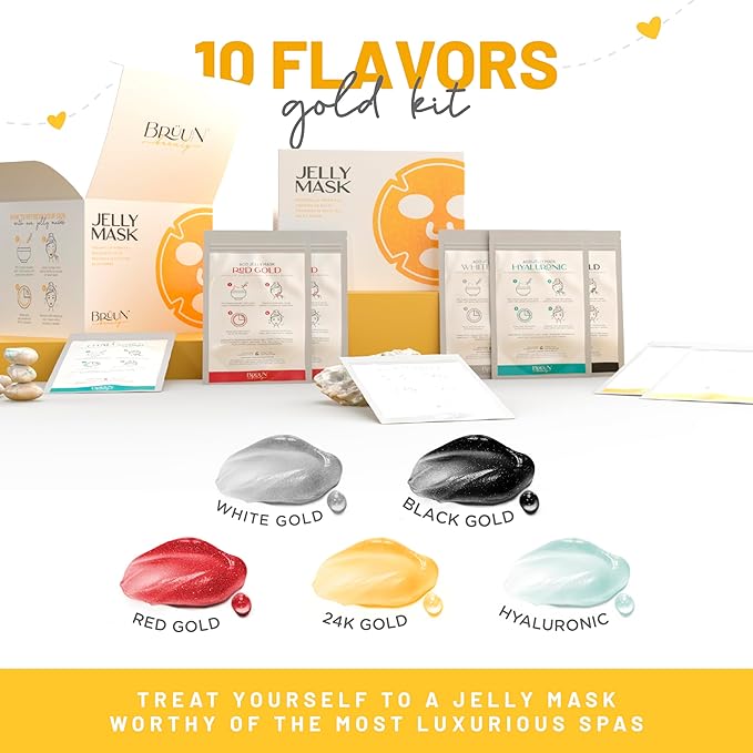 BRÜUN Peel-Off Jelly Mask Rubber Mask - 5 Treatments BHA AHA (Black Gold Salicylic AC, Red Gold Lactic AC, White Gold Glycolic AC, 24k Gold Mandelic AC, Hyaluronic AC) - 2 Packs of Each