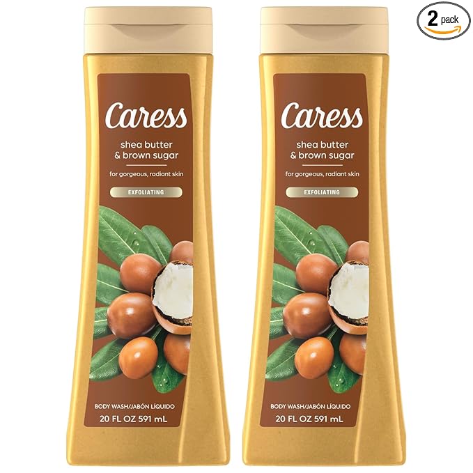 Caress Body Wash, Shea Butter & Brown Sugar, Moisturizing Body Wash for Gorgeous, Radiant Skin, Exfoliating Body Soap Liquid, 20 Fl Oz (Pack of 2)
