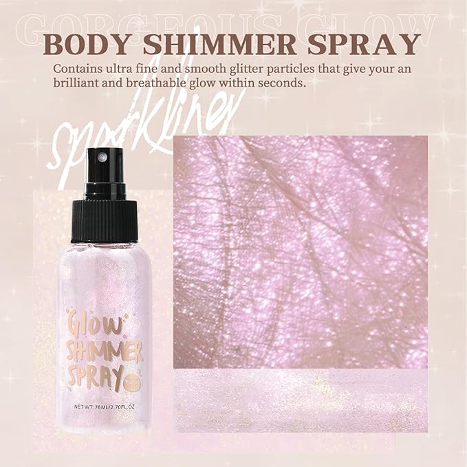 Body Glitter Spray, Body Shimmer Spray Quick Drying Body Glow Shimmer Long-Lasting Shiny Glitter for Women Men for Party, Concert 2.6 Fl Oz. (Light Purple)