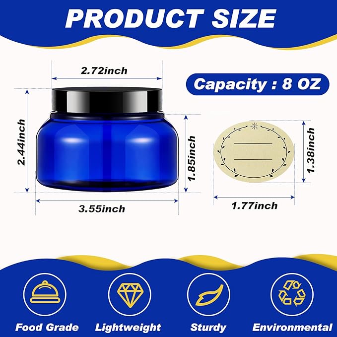 Tessco for you 24 Pack Plastic Jars with Lids Labels Multiuse Slime Containers Empty Body Scrub Jars Round Refillable Cosmetic Body Butter Container for Makeup (8 oz,Blue,Black)