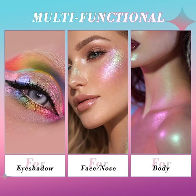 Afflano Chameleon Eyeshadow Half Magic, Multichrome Duo Chrome Eyeshadow Palette Color Shift, Holographic Sparkle Blue-Pink-Purple Rainbow Glitter Eyes Shadow Makeup, Iridescent Face Highlighter, #02