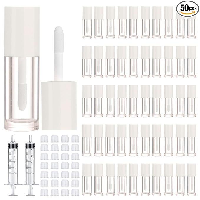 50pcs 2.5ml Empty Lip Gloss Containers Lip Gloss Tubes with Wand Cute 0.08oz Clear Refillable Lipgloss Making Supplies Kit for DIY Makeup + 2pcs Syringes (White)