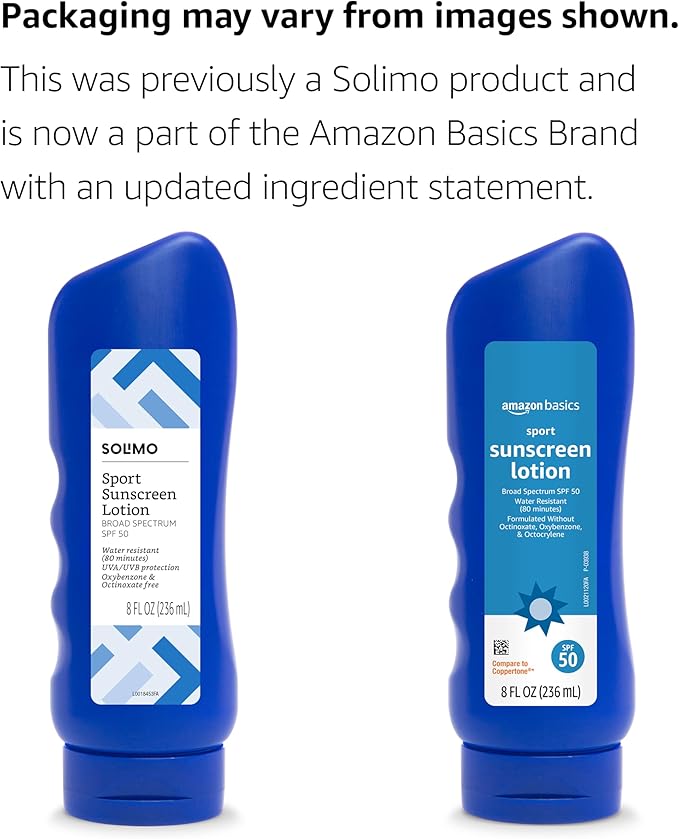 Amazon Basics Sport Body Sunscreen Lotion SPF 50, Water Resistant (80min), Fragrance Free, Formulated without Octinoxate & Oxybenzone, Broad Spectrum UVA/UVB Protection, 8 fl oz, 6-Pack