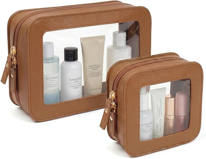 LETGO Clear Makeup Bag Organizer Set, Travel Toiletry Bag Cosmetic Case for Women, Portable Make up Skincare Pouch Car Organizer Bag with Zippers for Essentials (2Pack-Standard & Square, Brown)