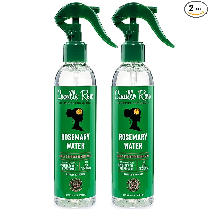 Camille Rose Rosemary Water, Daily Hair Strengthening Mist 2-Pack – Hydrating Refresher Spray with Rosemary Oil, Peppermint & Aloe Vera, 8 Oz Ea