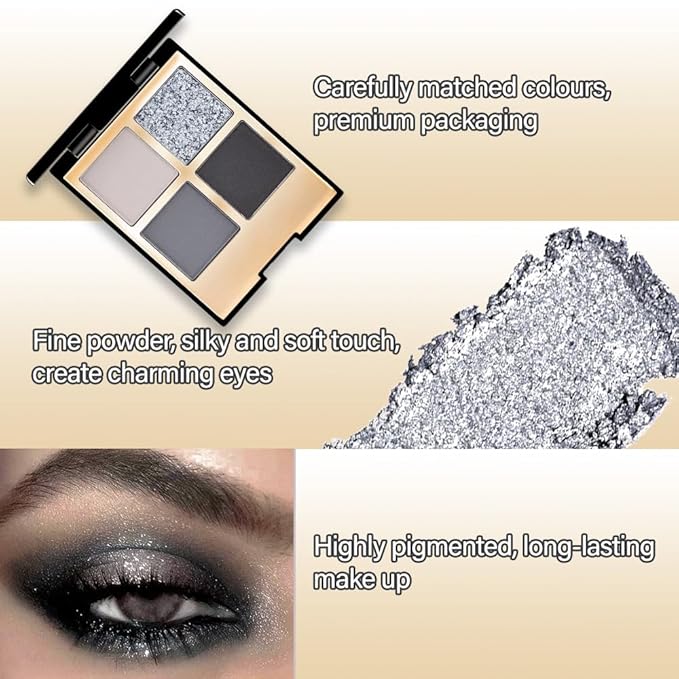 CAKAILA 4 Colors Eyeshadow Makeup Palette,Black Gray Natural Neutral Nude Smoke Eye Shadow Palette with Mirror,Long Lasting Naturing-Looking,Waterproof,Travel Size