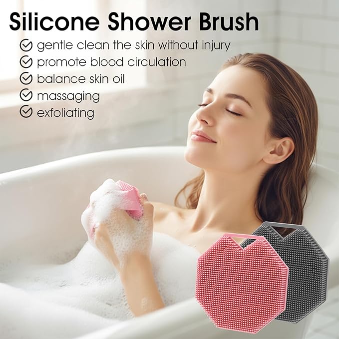 Ouligay 2 Pack Silicone Body Scrubber Exfoliator Shower Scrubber for Sensitive Skin Cleaning Silicone Loofah with Ergonomic Anti Slippery Handle Travel Friendly for Men & Women