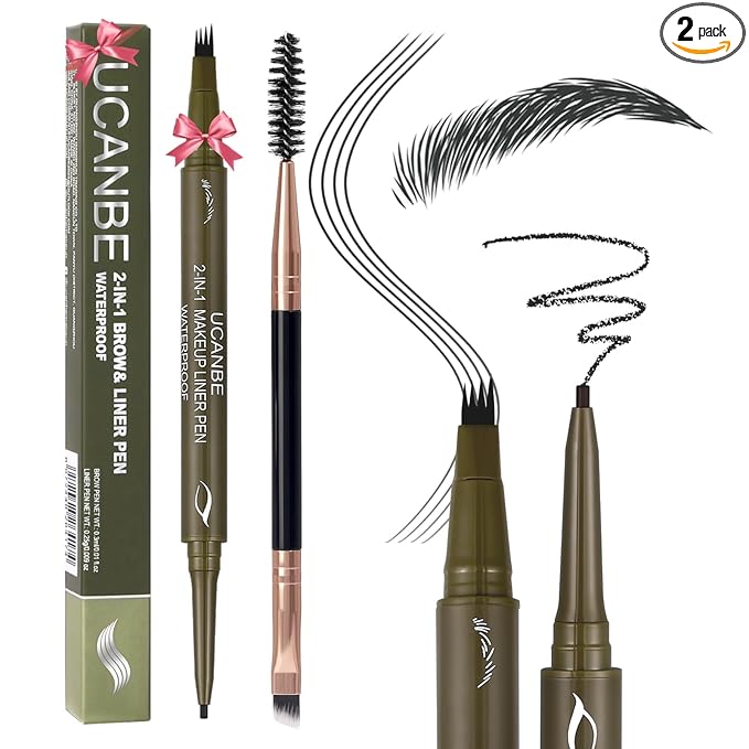UCANBE Eyebrow Pencils for Women with Spoolie Brush, Dual-Ended Eyebrow Pen with 4-Fork-Tip & Gel Eyeliner, Microblading Brow Pen with Eyeliner Pencil + Brow Brush for Hair Like Brows, Soft Black