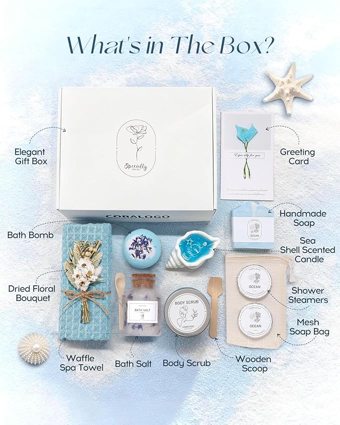 Ocean Spa Gifts for Women - 11pc Self-care Spa Gift Basket with Scented Candle, Bath Salt, Greeting Card - Thinking of You Basket for Her Birthday, Christmas, Mother's Day, Valentine's Day