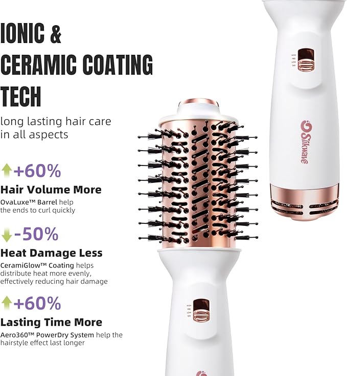 Hair Dryer Brush Blow Dryer Brush 4 in 1, 2 Inch Hot Air Brush for Hair Drying & Styling | Ionic Oval Barrel for Smooth, Frizz-Free Volume Blowout, Dual Voltage Travel Hair Dryer Brush (White)