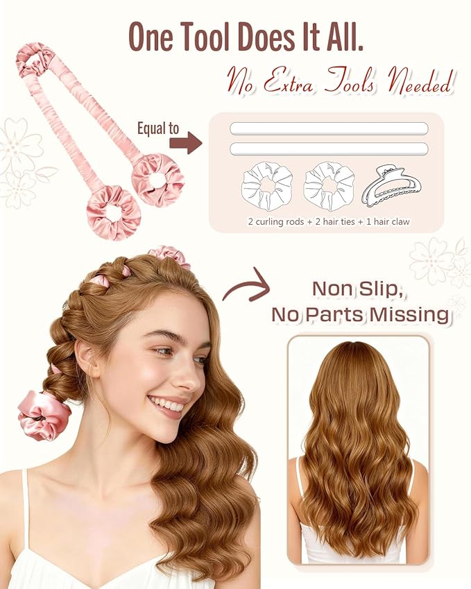 BONNET QUEEN Heatless Hair Curler for Heatless Curls Overnight, All-in-One Sleepy Tie Satin Curling Rod, Hair Curlers to Sleep In, Overnight Blowout Rods, Hair Rollers for Women Long Hair, Cream Pink
