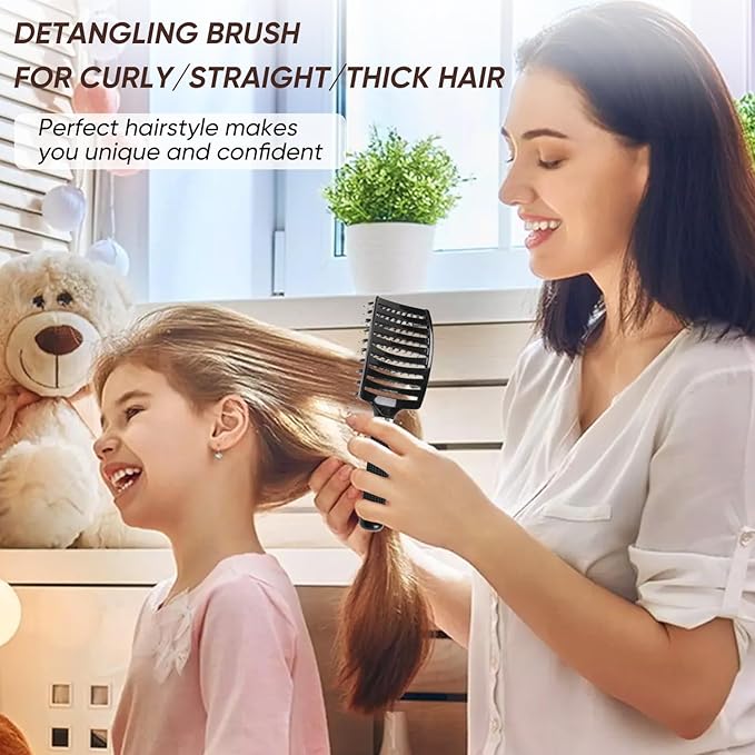 Boar Bristle Hair Brush 2PCS, Curved Vented Detangling Brush for Wet and Dry Hair, Styling Paddle Hairbrush for Women Men Kids Curly Straight Thick Long or Short Hair
