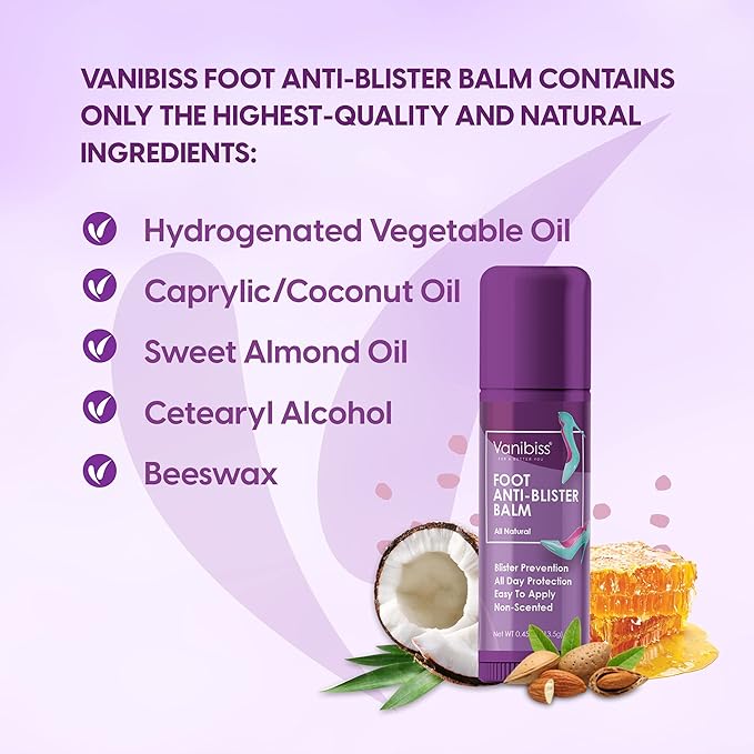 Vanibiss Foot Anti-Blister Balm - Foot Blister Prevention - Anti-Friction Balm Stick & Chafing Relief for Feet - Heel Blister Blocker - Prevent Shoe Strap Friction - Natural Care for Feet (0.45oz)