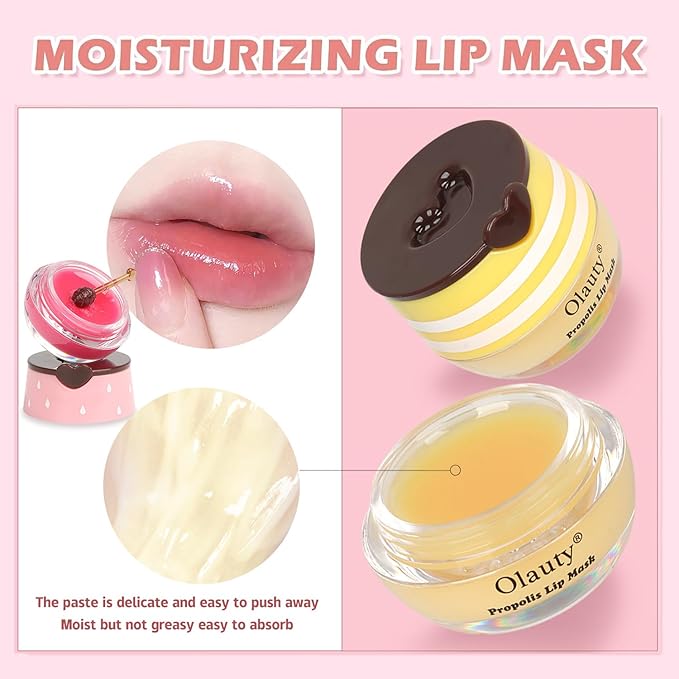 3 PCS Bee Lip Mask Lip Balm Honey Pot, Strawberry & Honey Lip Sleeping Mask Hydrating Prevention Dry and Cracked Lip Scrubs Exfoliator,Lip Mask Overnight Reduces Lip Lines