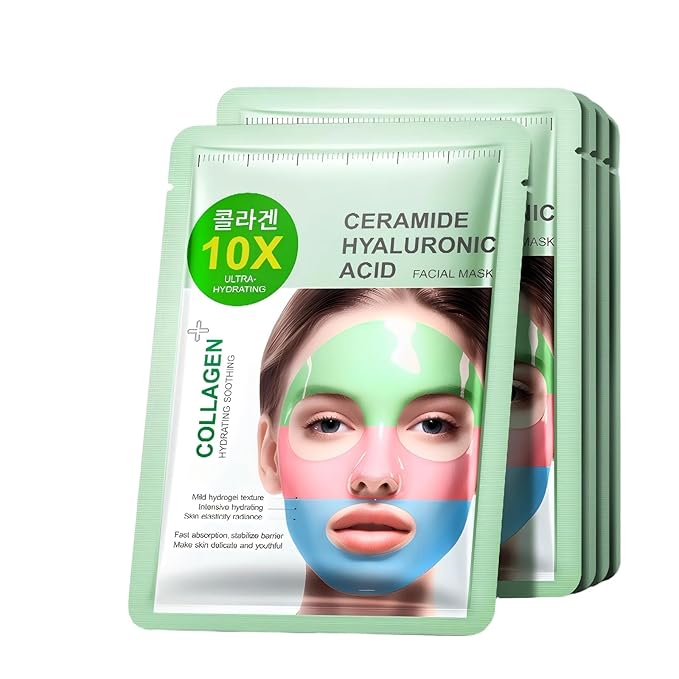 Collagen Face Mask, Hydrating Face Mask 3-Color Sheet Mask with Ceramide and Hyaluronic Acid, Deep Moisturizing & Plumping Facial Mask, Triple Effect 5PCS, Gentle & Nourishing for All Skin Types