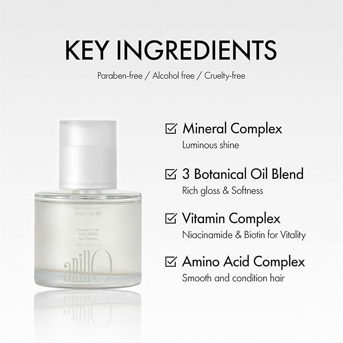ANILLO Gardenia Veil Color Shield Hair Essence – Lightweight Leave-In Treatment for Color-Treated Hair – Shine Boost, Damage Repair, Color Fixing System, Floral Scent – (50ml / 1.69 fl. Oz)