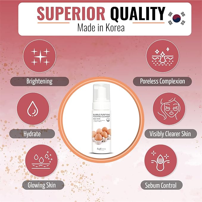 LOOKATME Korean Face Wash for Sensitive Skin - Water Based Bubble Skincare Cleanser - K Beauty Natural Acne Foaming Cleaner - Hydrating Skin Care Cleansing Foam with Low pH - Egg
