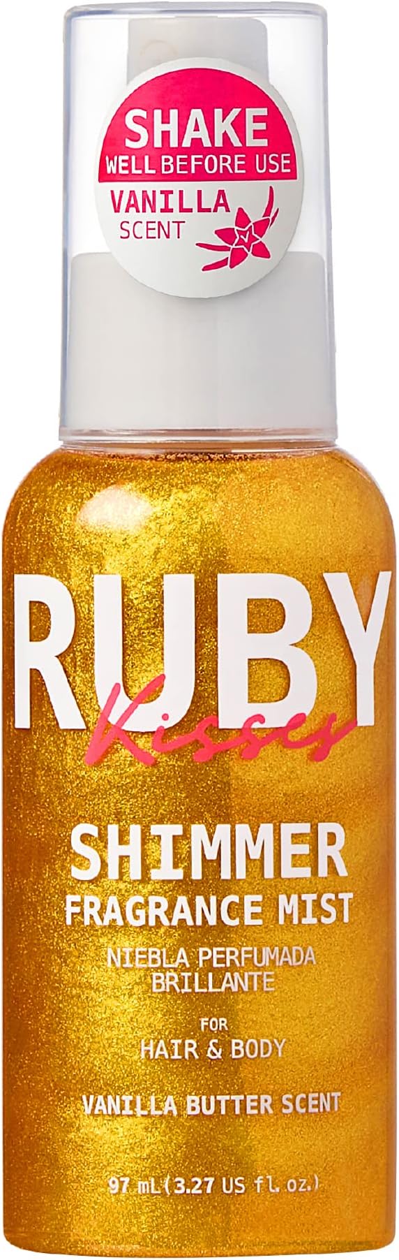 Ruby Kisses Shimmer Fragrance Body and Hair Mist Spray, Vanilla Glitter Body Perfume Spray, Skin Perfume, Liquid Illuminator Highlighter for Skin (GOLD)