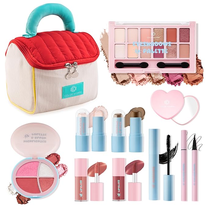 Color Nymph All In One Makeup Kit for Teen Girls Beginner with Makeup Bag, Makeup Gift Set for Teen Girls includes Eyeshadow Blush Contour Highlighter Lipgloss Mascara Eyeliner Mirror, Travel Makeup