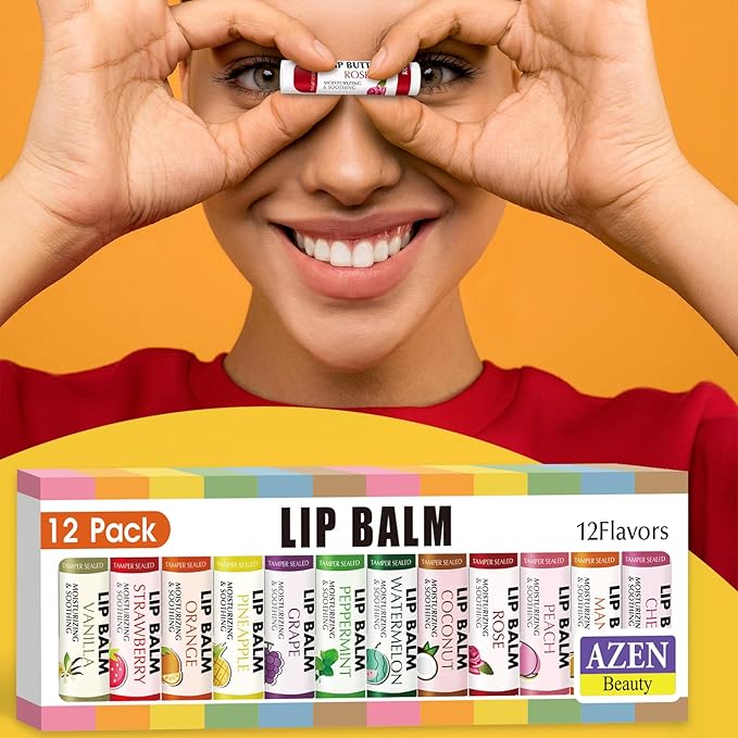 AZEN 12 Pack Lip Balm Bulk, Moisturizing Lip Balms for dry cracked lips, Mothers Day Gifts Easter Basket Stuffers - 12 Flavors