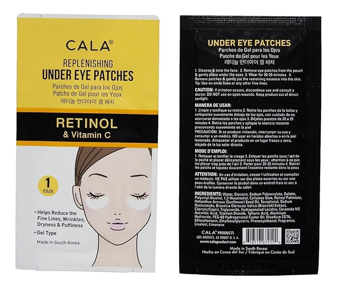 Cala Under Eye Patches Retinol + Vitamin C, Brightening Firming Eye Masks to Depuff & Smooth Fine Lines, Hydrating Under-Eye Treatment, 5 Pairs, 10–20 Min Use
