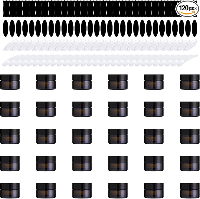 120Pcs 5g Amber Glass Jars Assortment Kit with Inner Liners and Black Lids, Spoons and blank labels for Storing Lip and Body Scrub, Lotion, Body Butter, Bath Salts