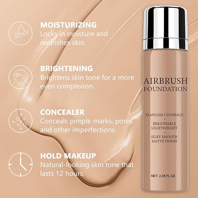 AirBrush Foundation Spray With Primer and Brush, Silky Mist Foundation Spray Makeup, Full Coverage Foundation for Smooth Radiant Finish, Formula Breathable Lightweight Hydrating(#1 Natural)