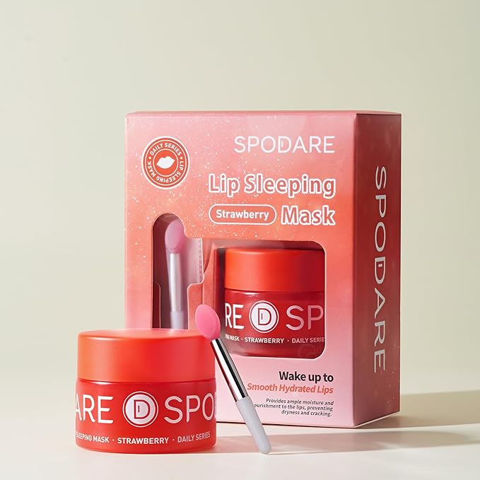 SPODARE Sleeping Lip Mask Strawberry - Overnight Lip Treatment, Lip Care Hydration, Repair for Dry Cracked Lips, Vitamin C, Soft and Nourished Lips Overnight, Christmas, with Shea Butter - 20g