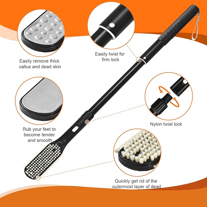 Long Handle Foot Scrubber with Toe Gap Cleaner, 18.8" - 25.9" Telescopic Toe Cleaning Brush, Foot File Callus Remover for Men, Women and Seniors
