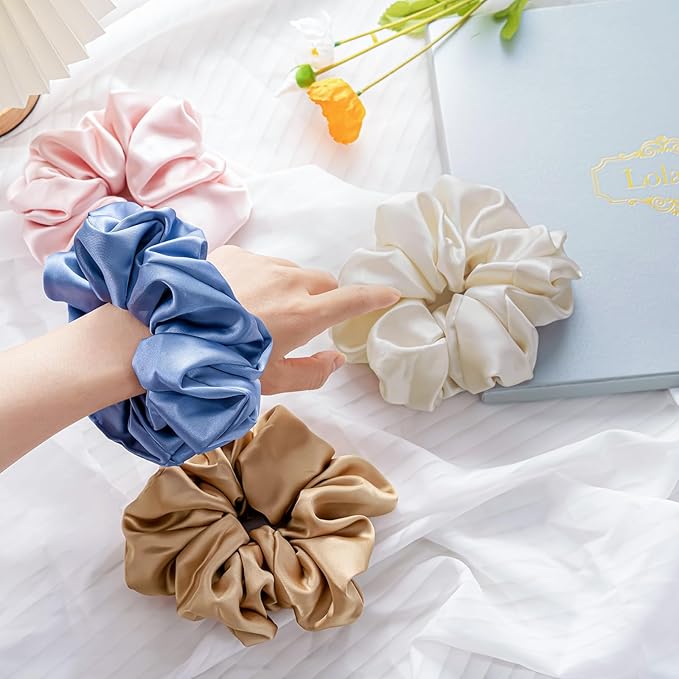 Lolalet Big Satin Scrunchies for Women, 5.9 Inch Large Oversized Scrunchie, Soft Jumbo/Giant Scrunchies Hair Ties for Thick & Curly Hair -4 Pack, Blue/Caramel/Pink/Champagne