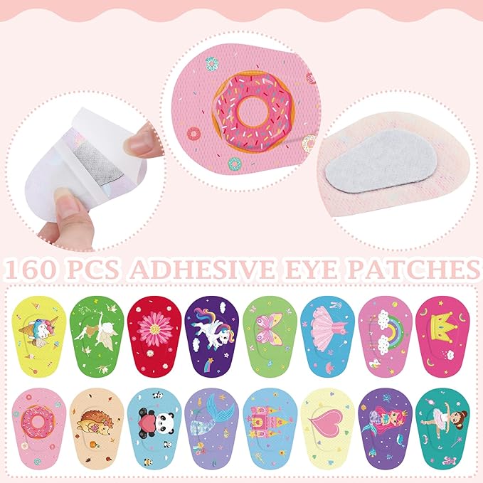 Timgle 160 Pcs Adhesive Eye Patches for Kids Girls 16 Styles Toddler Eye Patches Bulk Latex Free Light Blocking Fun Cute Designs Cotton Adhesive Bandages for Kids Toddler Girls Boys