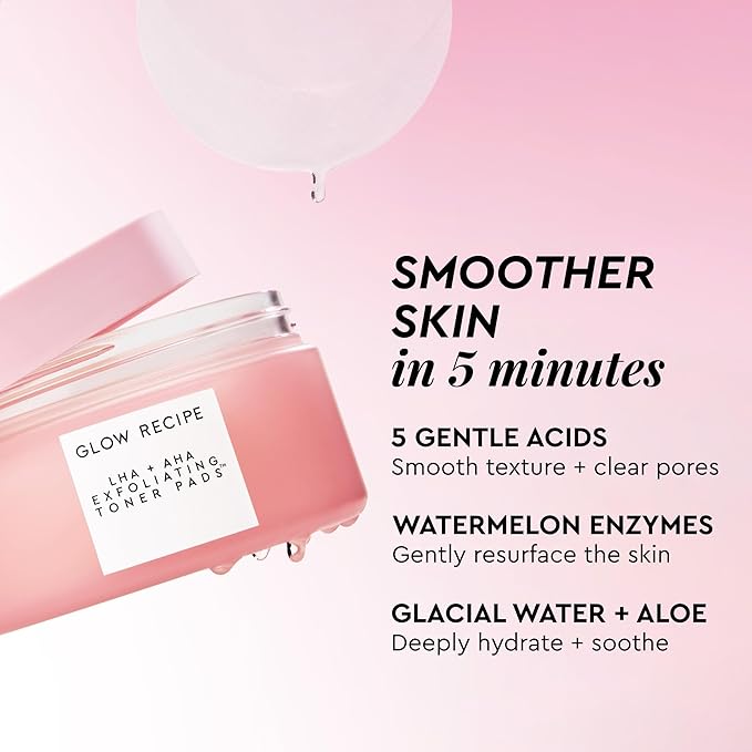 Glow Recipe LHA + AHA Toner Pads - Korean Exfoliating Toner for Face - Pore Minimizer - Hydrating Toner Pads - 5 Gentle Acids, Watermelon Enzymes, Hydrating Botanicals (60 Face Pads)