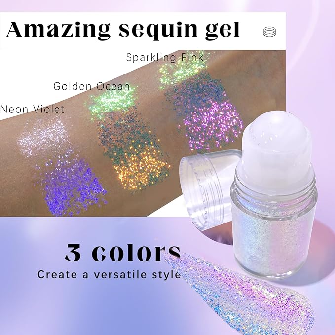 HOSAILY Roll-on Holographic Body Glitter Gel for Face Hair, Chameleon Color Changing Glitter Gel Under Light, Chunky Mermaid Sequins Festival Party Rave Accessories Shimmer Makeup (Neon Violet)